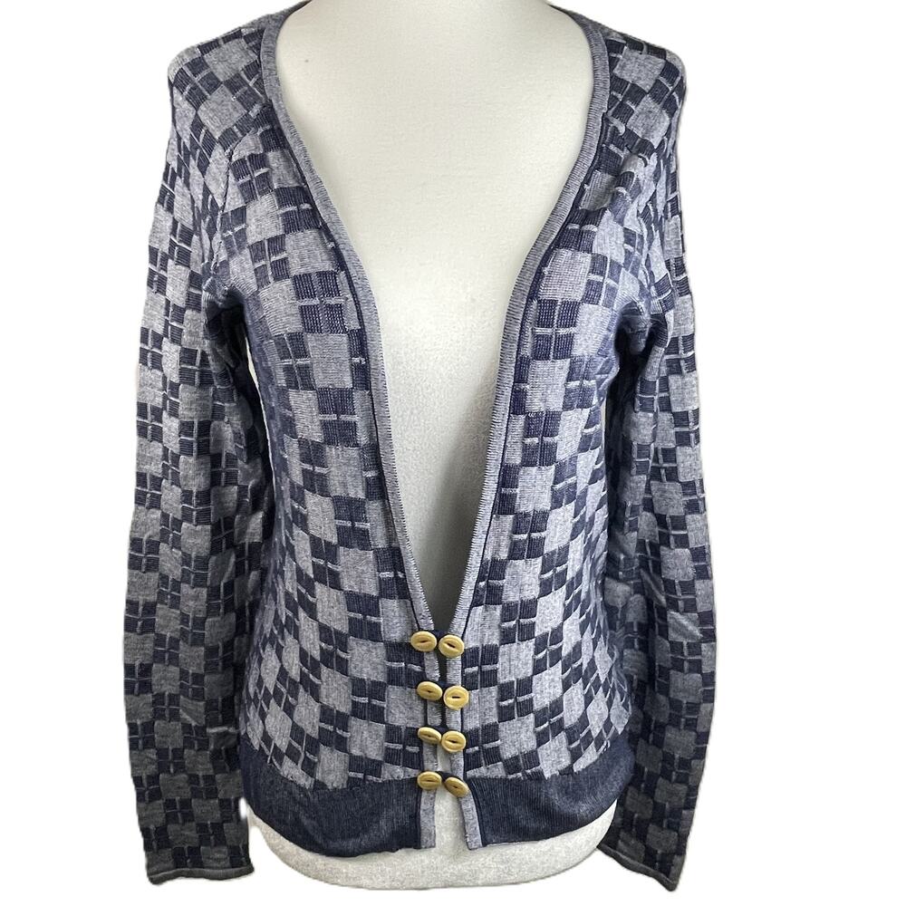 HWR Anthropologie Cardigan Small Navy Gray Checkerboard Silk Cotton Blend